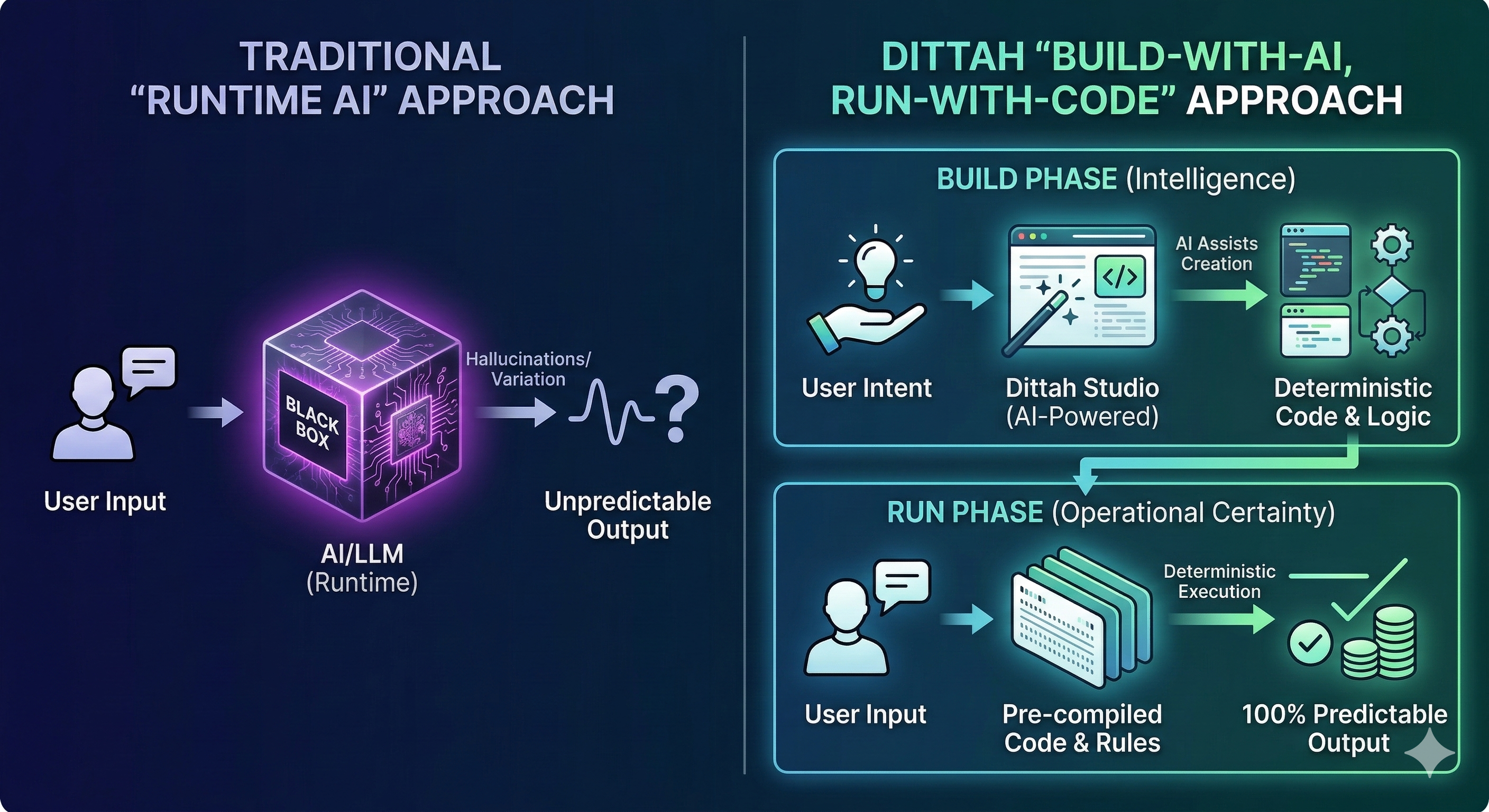 Diagram comparing traditional runtime AI approach with black box unpredictable output versus Dittah build-with-AI run-with-code approach showing separate build and run phases for deterministic execution